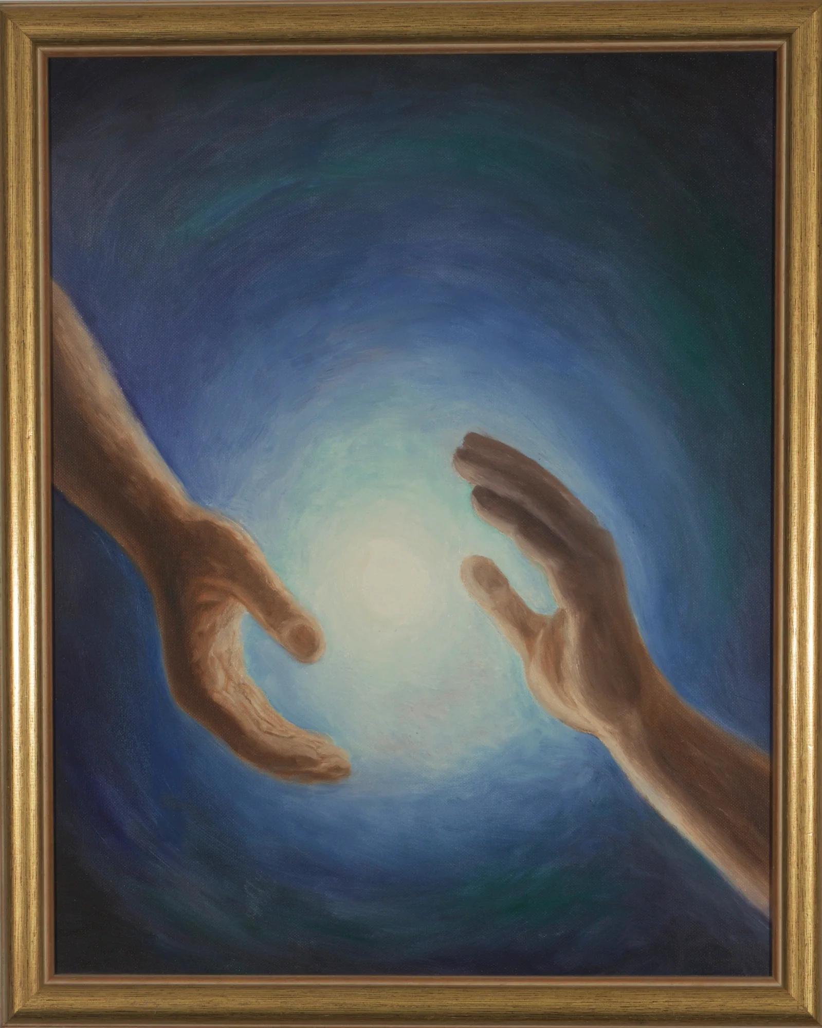 Oil painting at Diskin Life: two hands reaching toward a glowing light