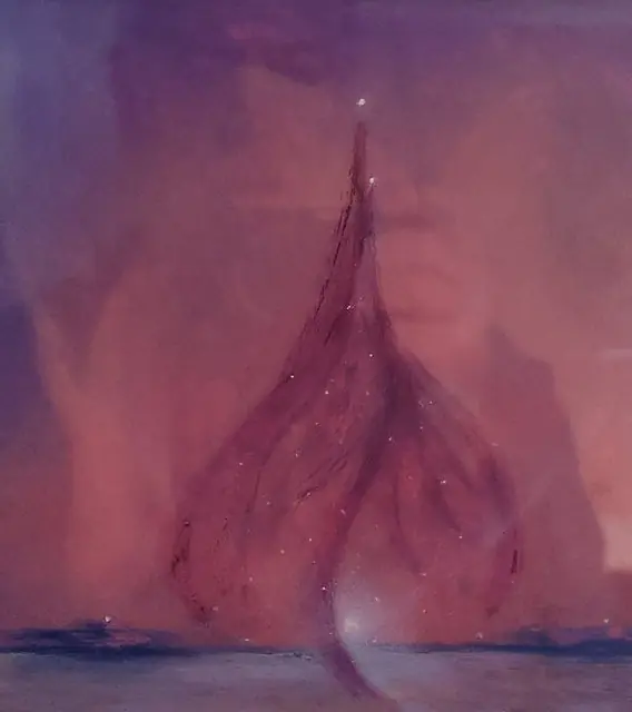 Soft-edged oil painting of a luminous teardrop or seed form rising against a rose-and-violet wash