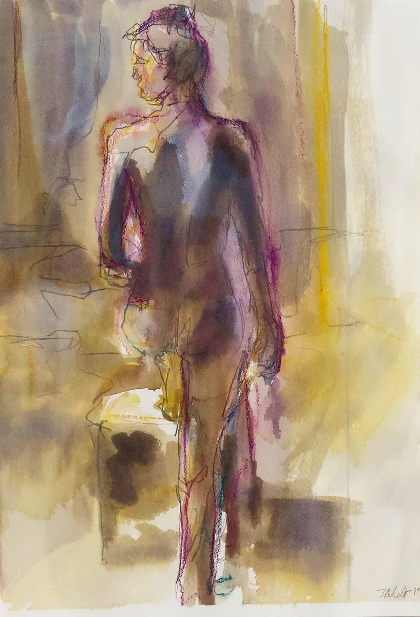 Watercolour and ink life-study of a standing figure in violet and ochre tones