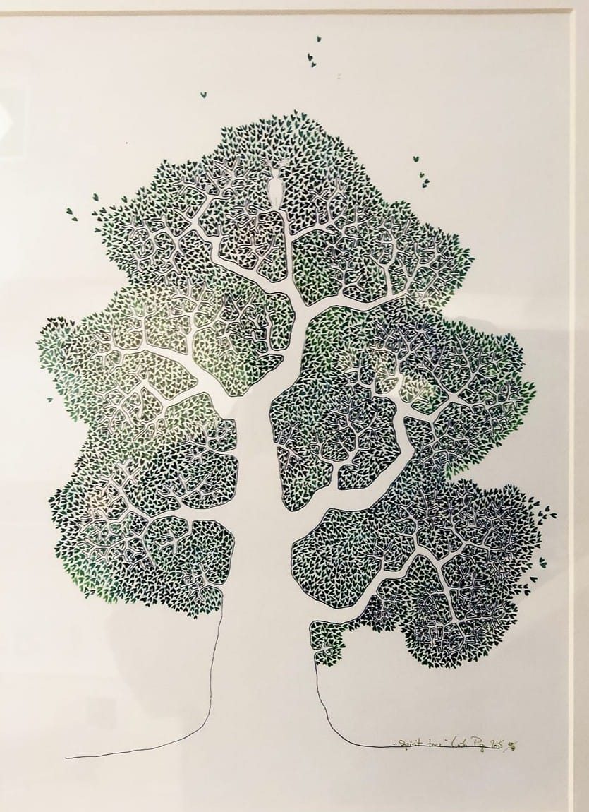 An original stippled ink drawing of a tree at the Diskin Life Centre, thousands of fine dots forming an intricate, patterned canopy