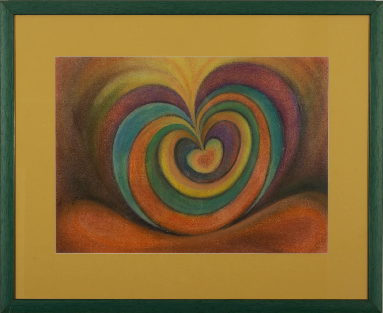 A spiralling heart in rainbow bands, violet, blue, green, gold and red, an original painting in a green mat