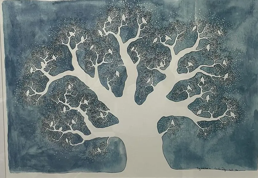 Indigo watercolour painting of a bare winter tree filled with small perched birds