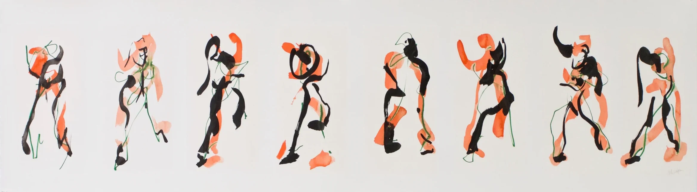 Eight ink-and-wash figure studies in black, coral and green on one long sheet, dynamic dancing figures, at the Diskin Life Centre in Fitzroy