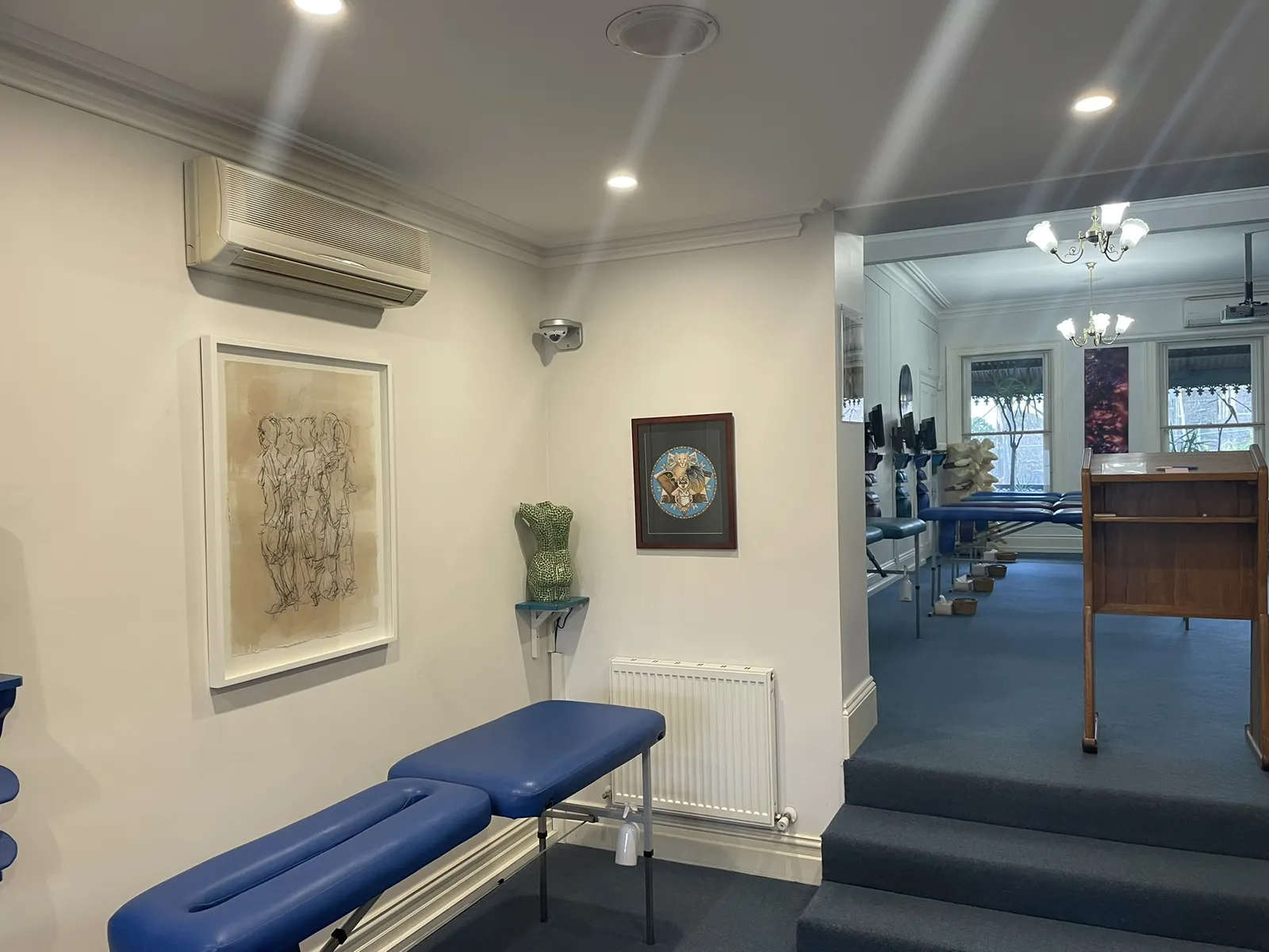 Gold-framed anatomical studies in the upstairs adjusting zone, with the way down to reception beyond