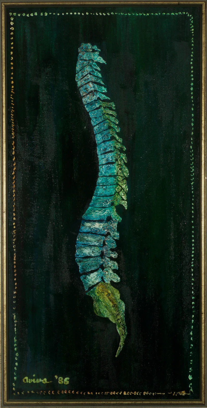 An impressionistic painting of the human spine in luminous teals, blues and greens on a dark green background