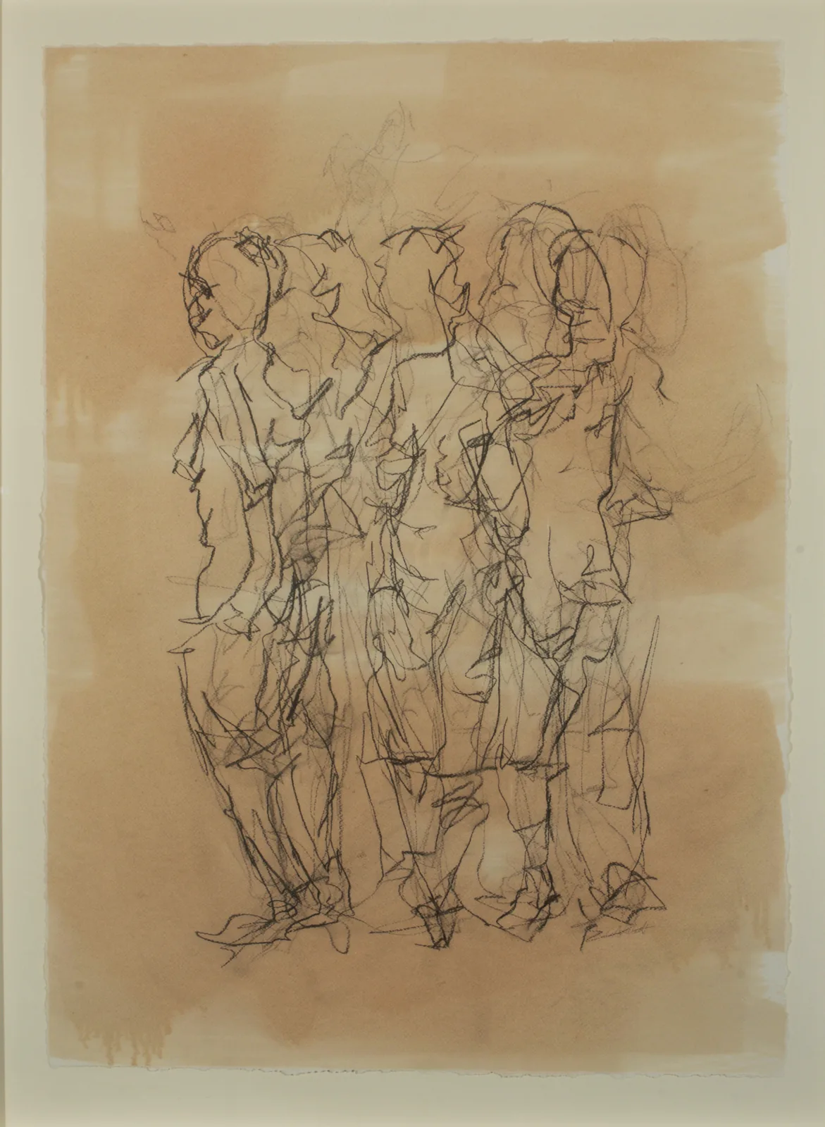 An original charcoal life-study of three standing figures in loose, gestural line on tinted, deckle-edged paper: a one-off work in the Diskin Life collection