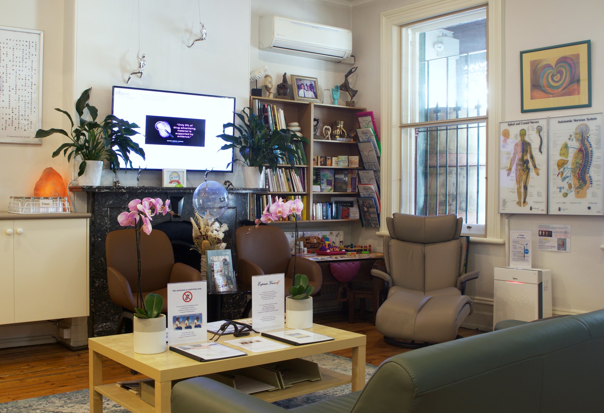 The client lounge at the Diskin Life Centre in Fitzroy, armchairs, plants and daylight