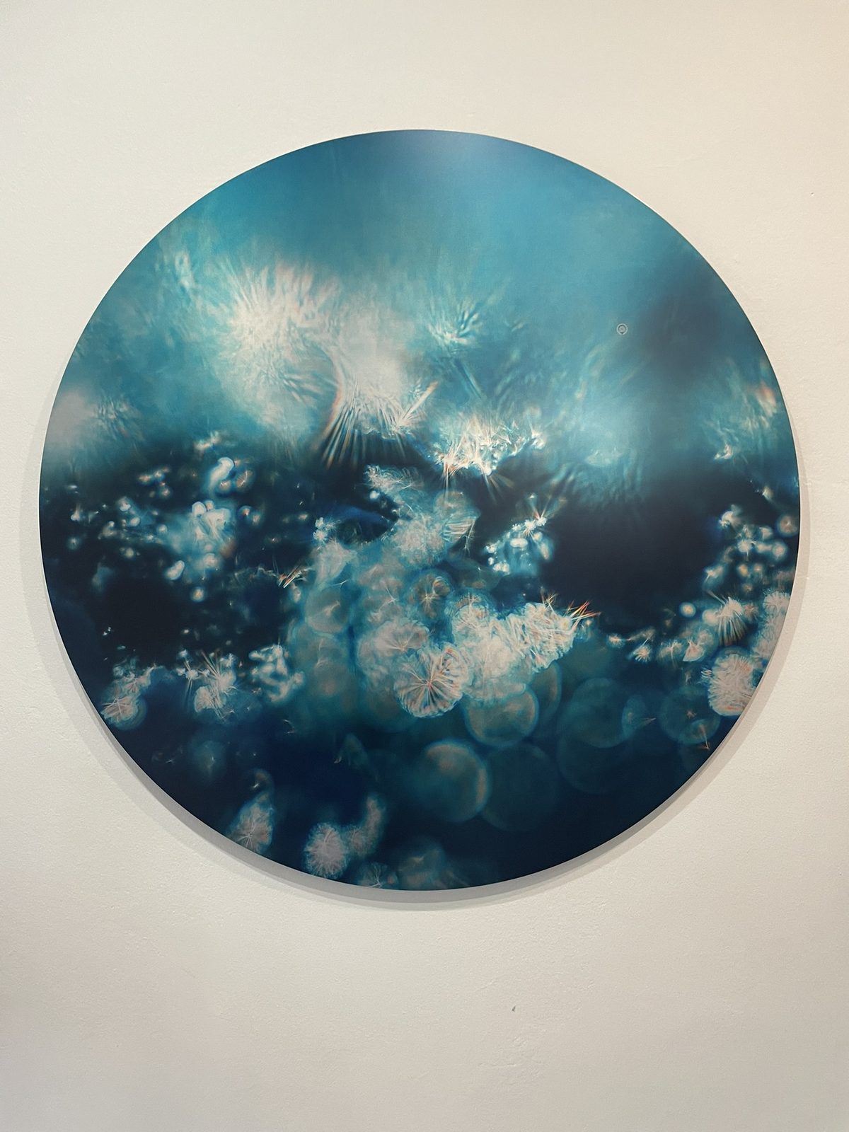 A circular Keys to Awaken Resonance Art work, white blossoms over deep teal