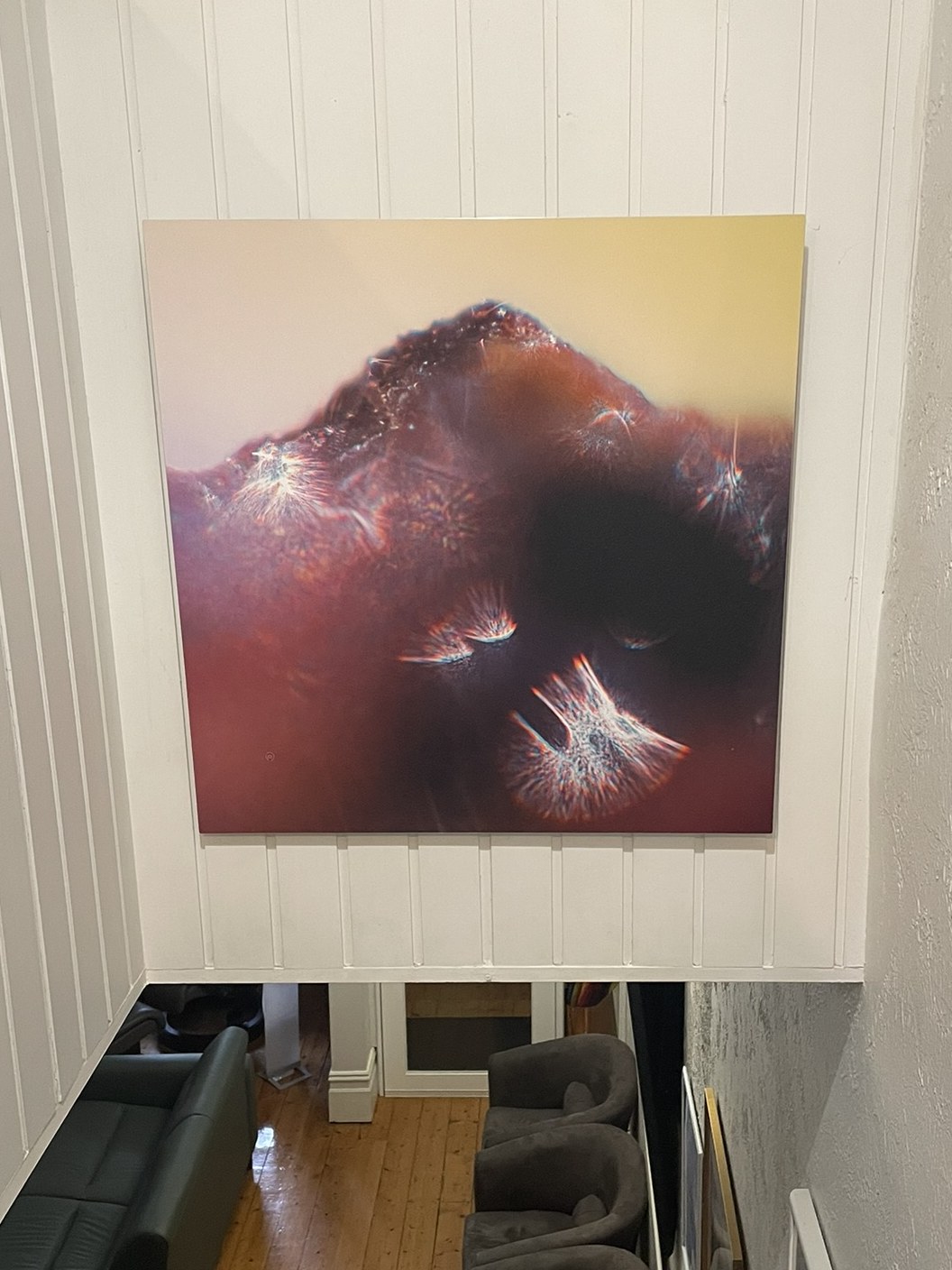 The first work you meet on the way up, the large mountain-like Keys to Awaken piece above the staircase