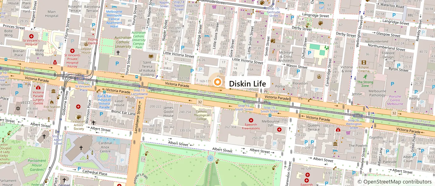 Map of Fitzroy showing Diskin Life on Victoria Parade, between St Vincent’s Hospital and North Richmond, with Gertrude Street above and the Fitzroy Gardens below